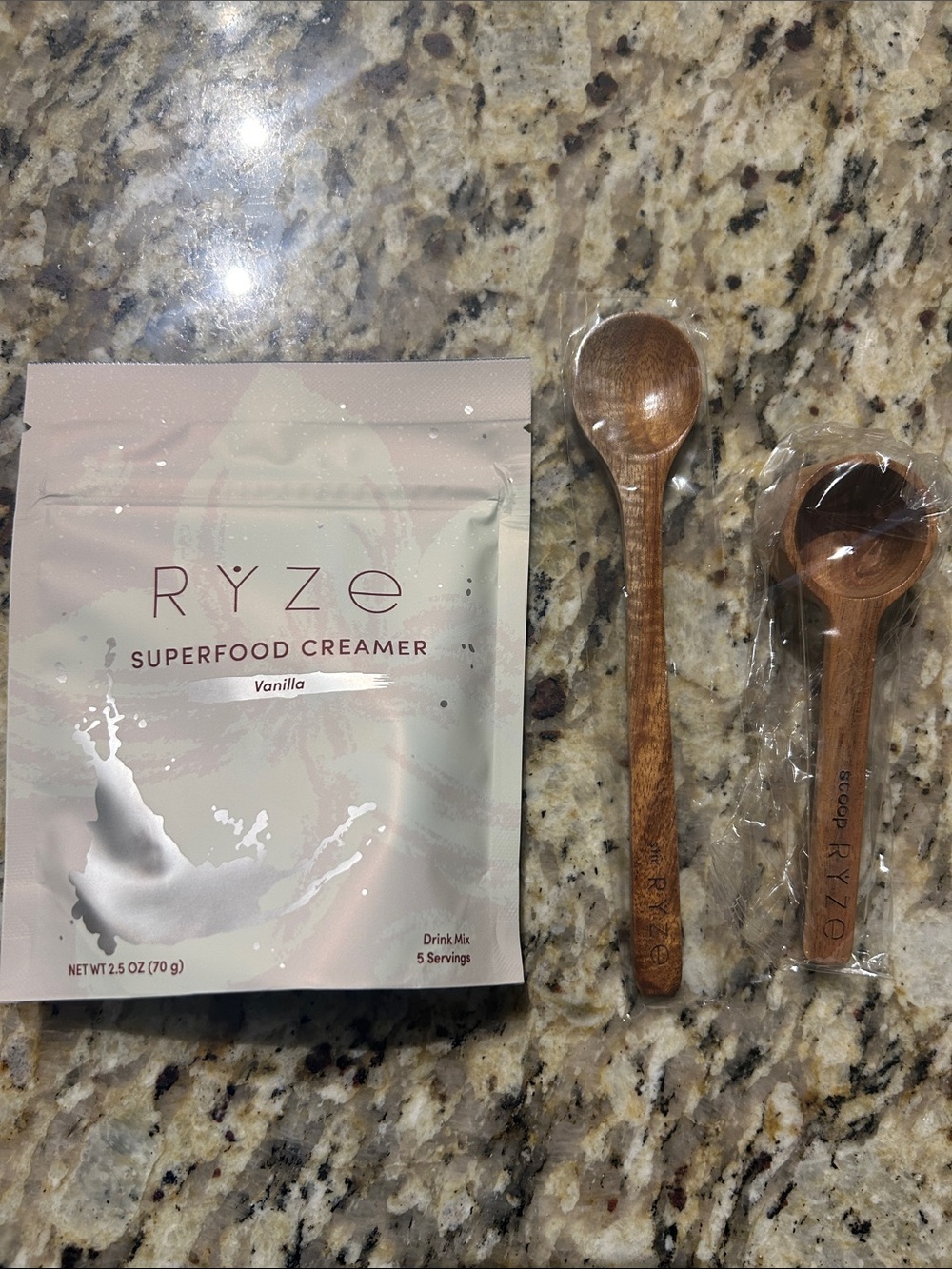 Ryze Vanilla Superfood Creamer, wooden stir spoon, wooden scoop, NWT